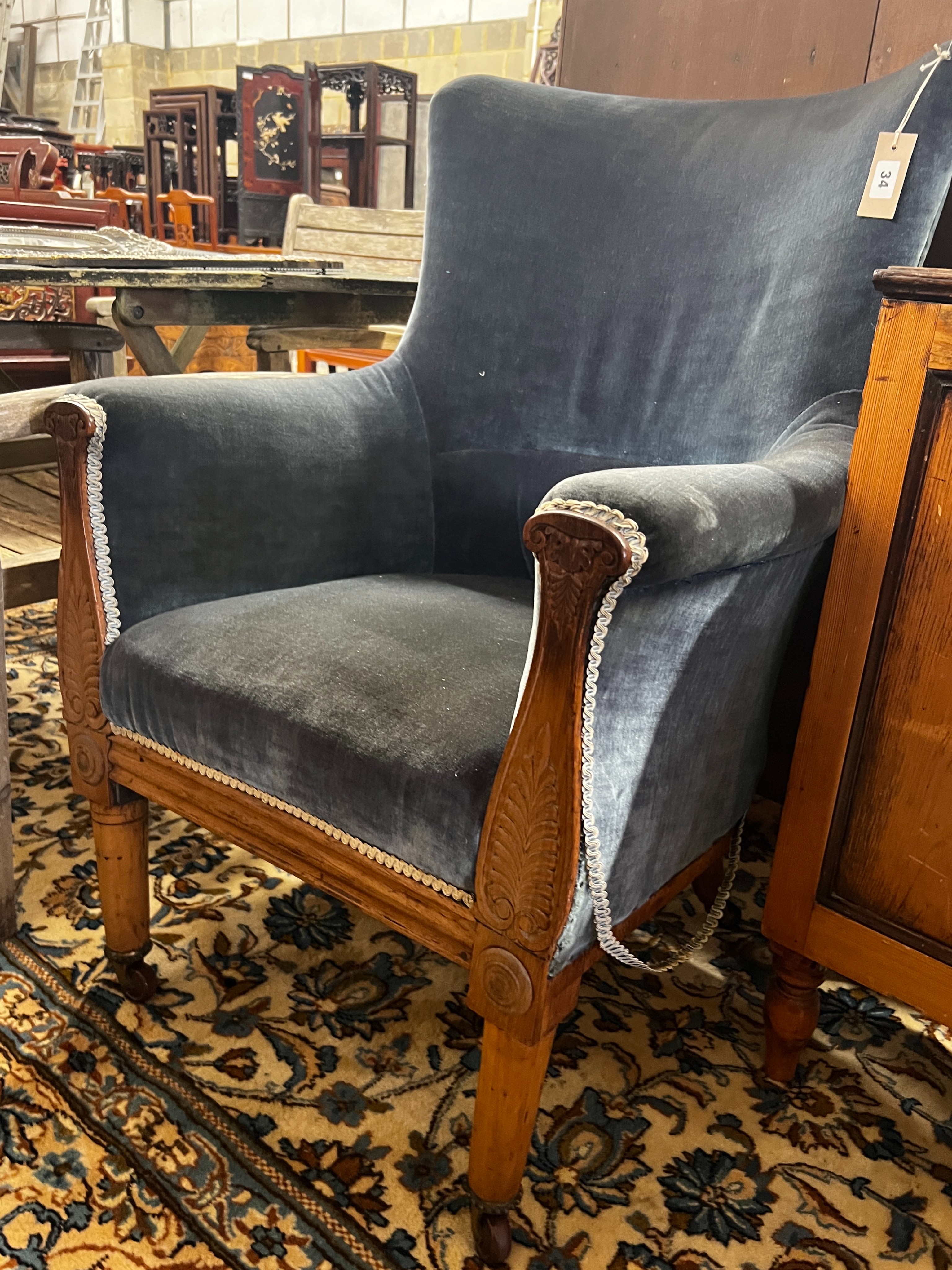 A French 2nd Empire mahogany bergere, width 68cm, depth 75cm, height 98cm